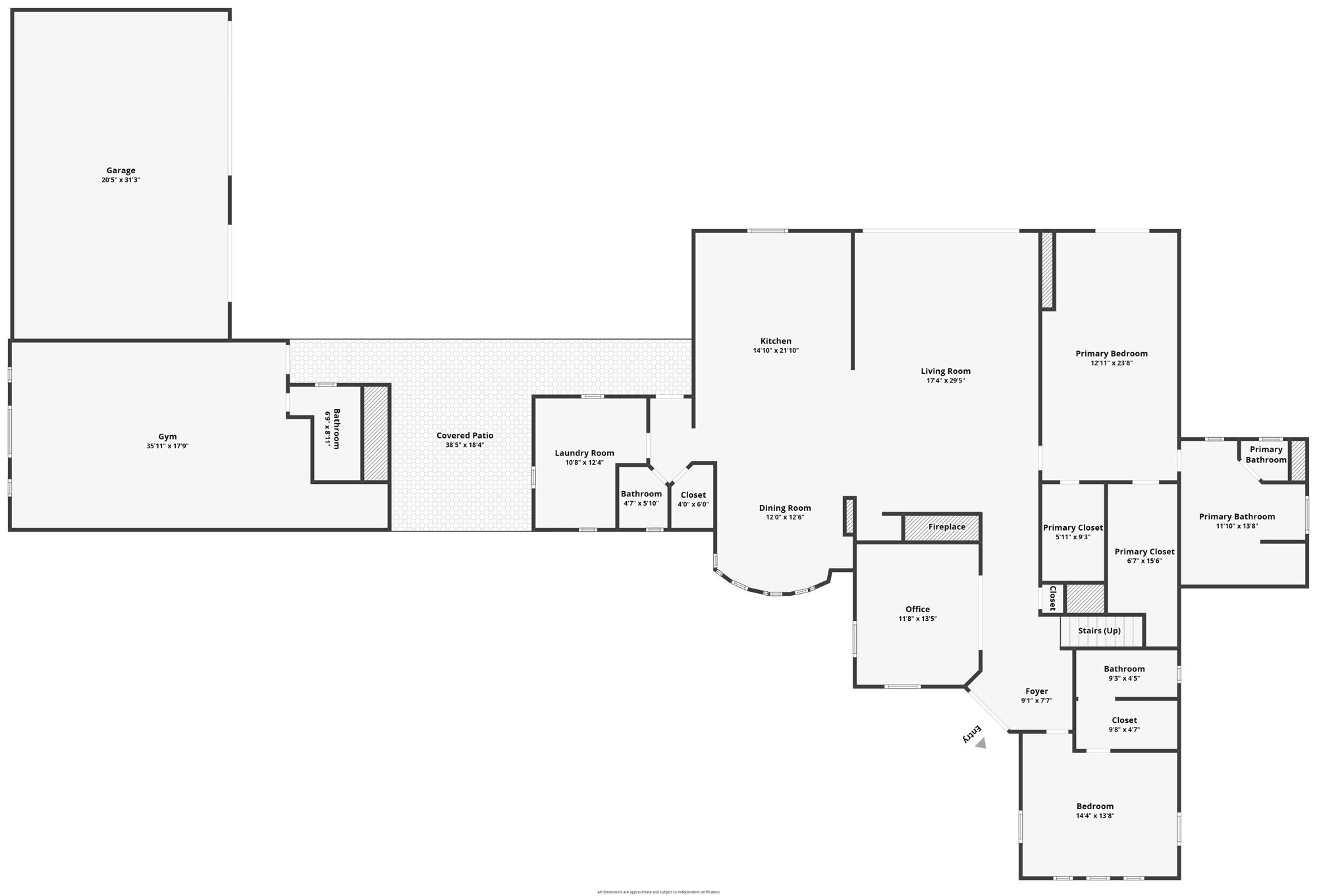 First-floor plan: living, kitchen, dining, office, primary suite, bedroom, gym, garage and covered patio