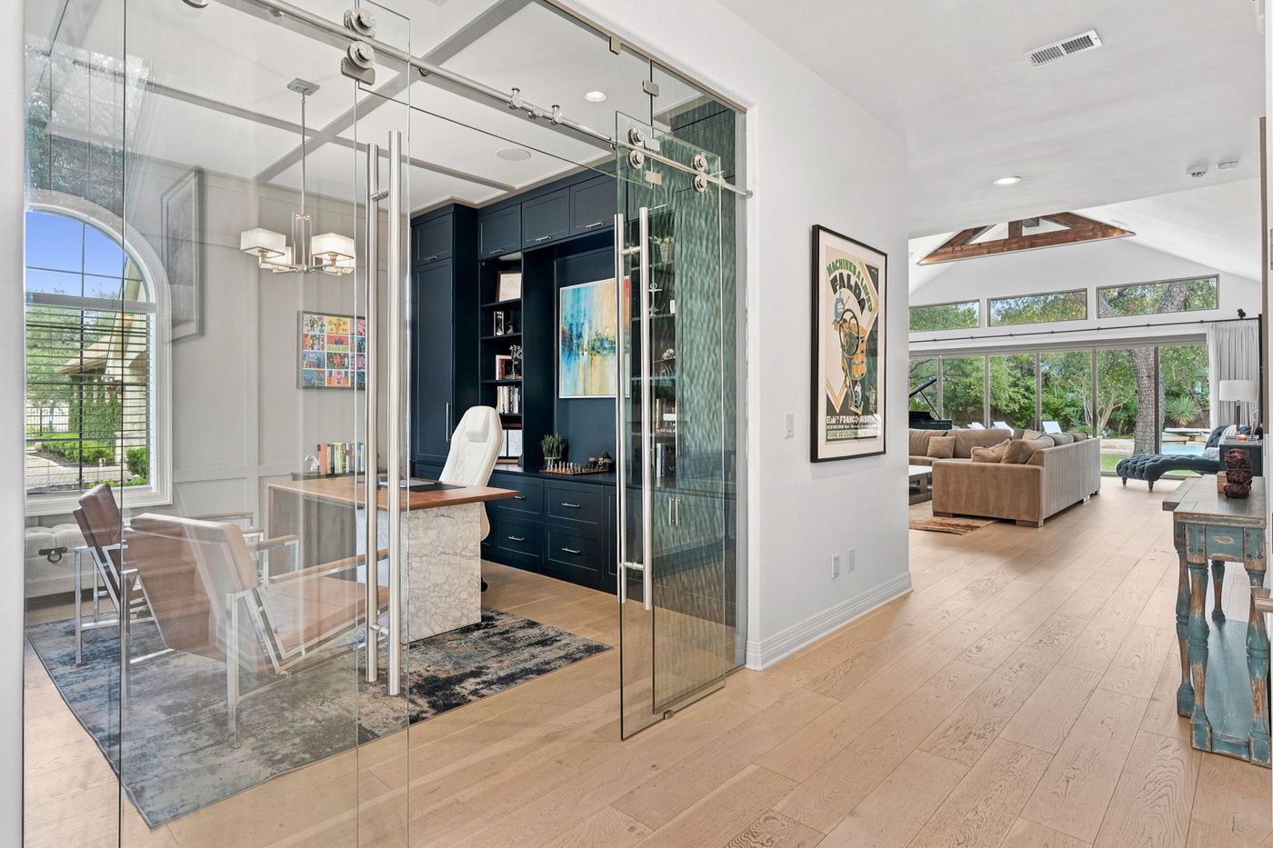 Glass-walled office off the great room