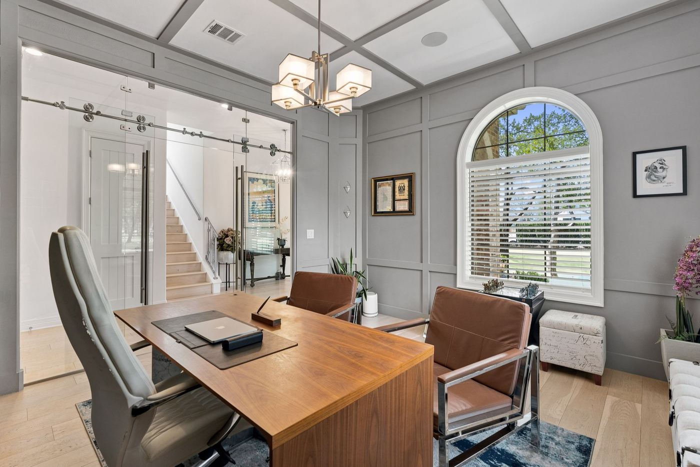 Library office with arched window